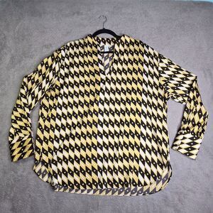 Joie Blouse XL Black & Yellow Geometric Diamond Print Long Sleeve Split V-neck